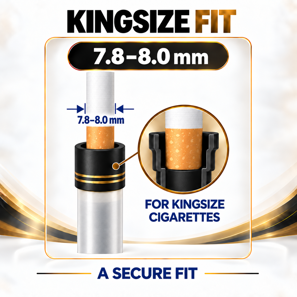 Smokesafer Gold cigarette filter fit illustration for 7.8 mm to 8.0 mm Kingsize cigarettes