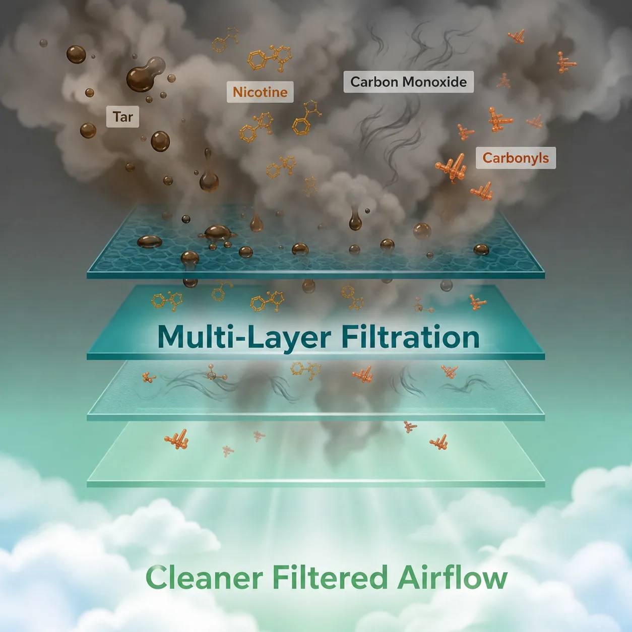 Smokesafer activated carbon cigarette filter airflow and layered filtration visual