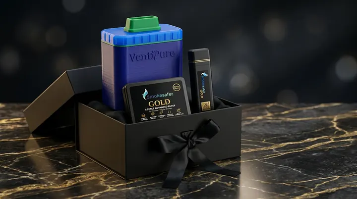 Smokesafer Gold, Smart Case, and Ventipure Sploof arranged in a premium black gift box