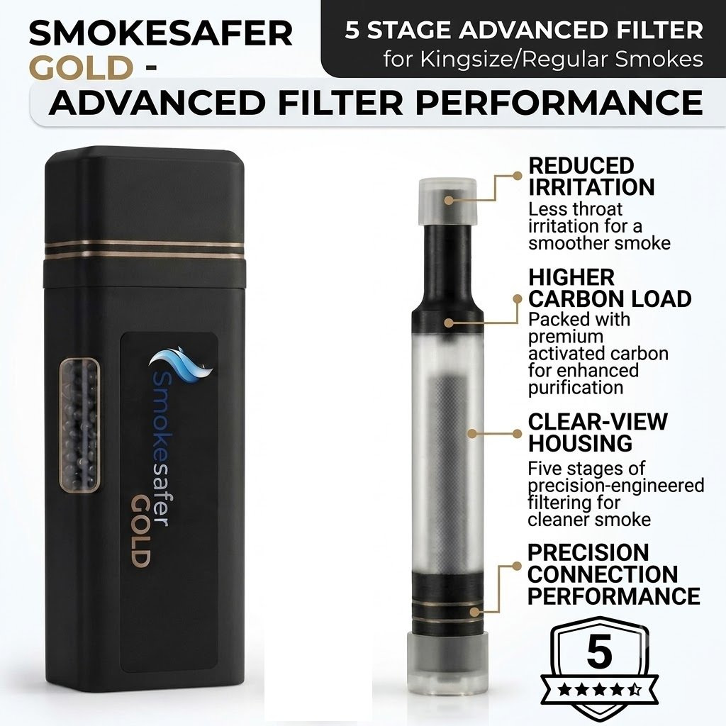 Smokesafer Smart Case and included Gold filter showing 5-stage filter performance features