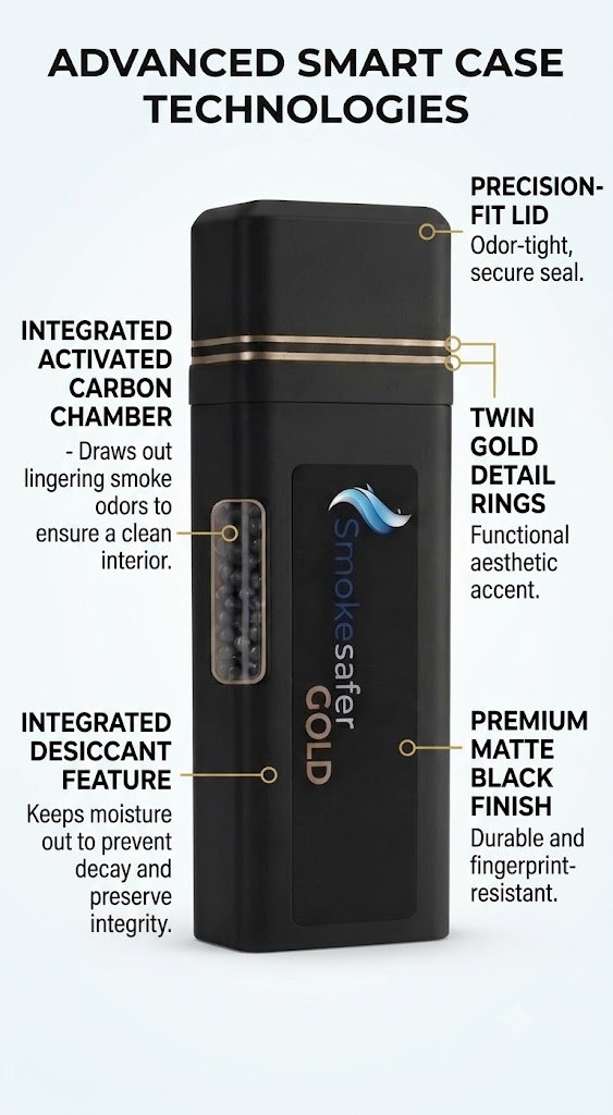 Smokesafer Smart Case showing precision-fit lid, activated carbon chamber, desiccant feature, gold rings, and matte black finish