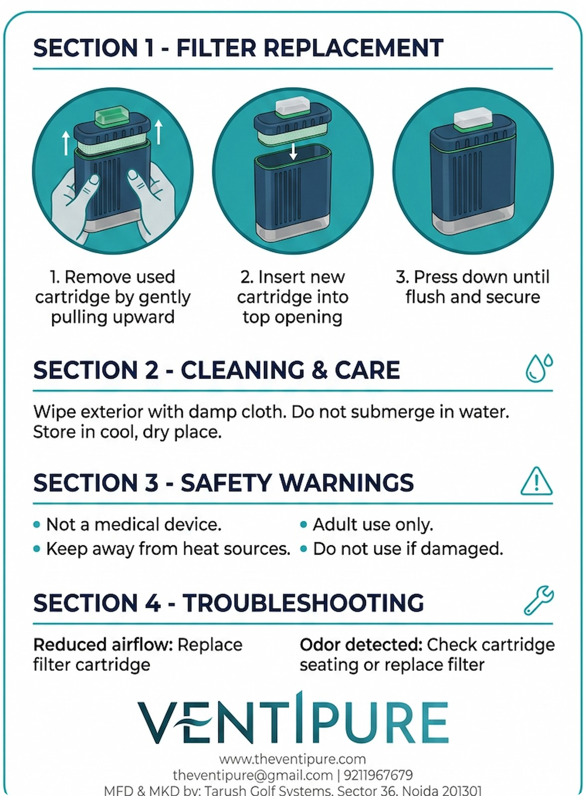 Ventipure Sploof care guide showing filter cartridge replacement, cleaning instructions, adult-use safety warnings, and troubleshooting