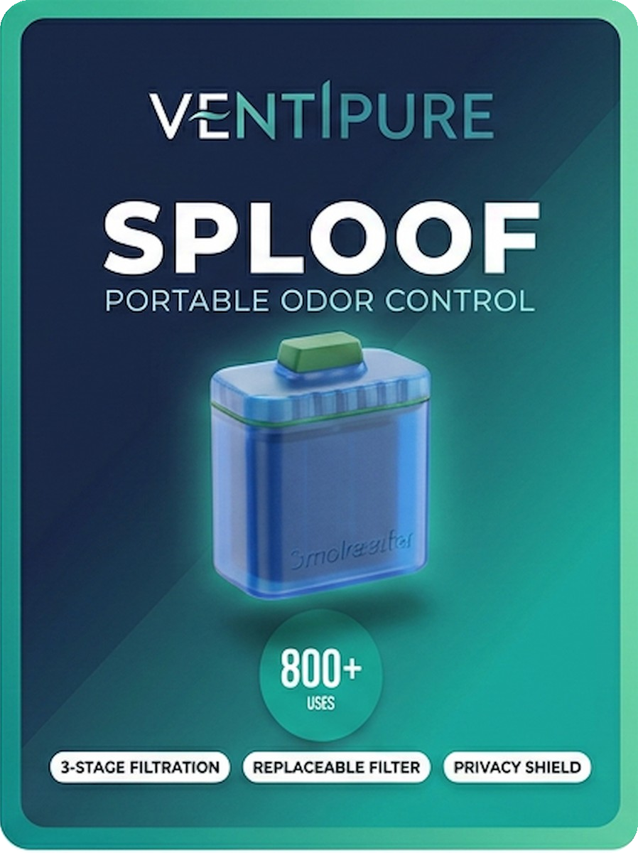 Ventipure Sploof portable odor-control filter front label with 3-stage filtration, replaceable filter, privacy shield, and 800 plus uses